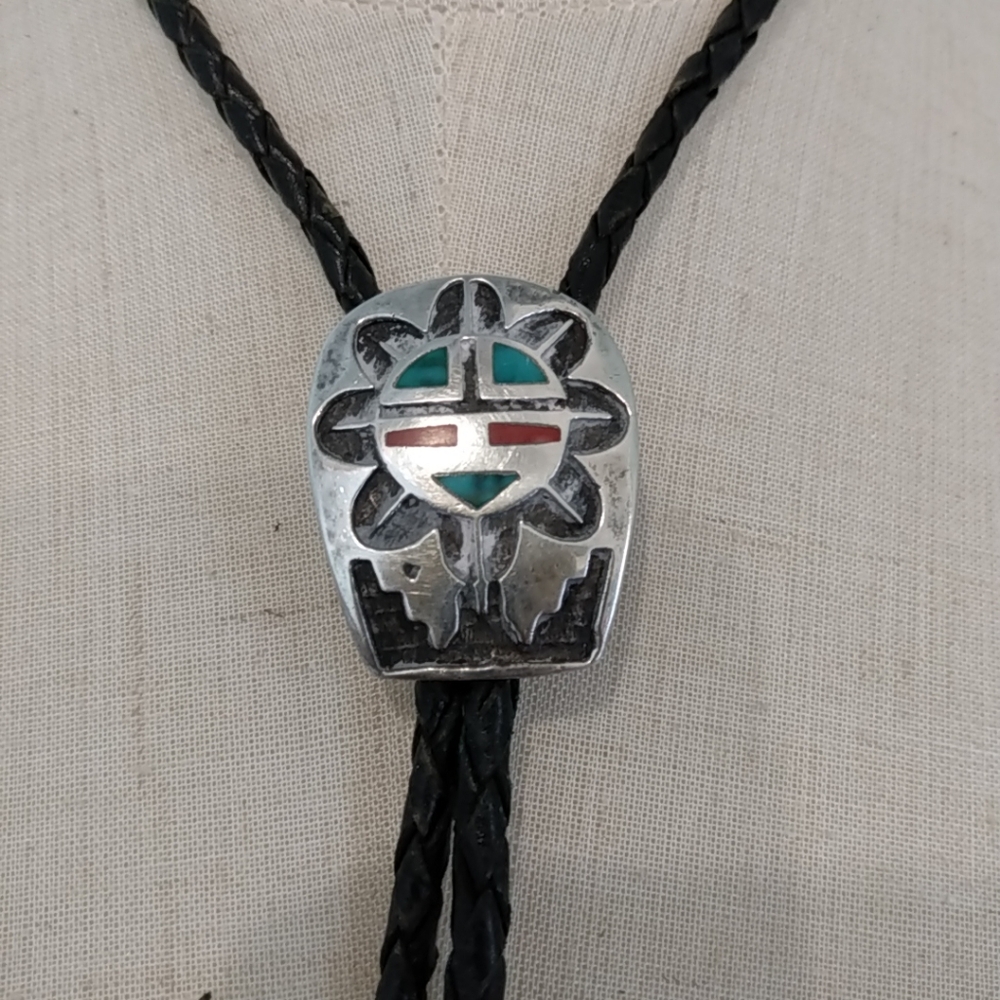 Bennett Navajo Sun Sterling Silver Concho Bolo Neck Tie SIGNED Cowboy Leather